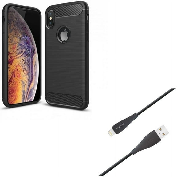 6ft USB Cable w Case for iPhone XS/X - Charger Cord Power Wire Long Sync, Carbon Fiber Slim Fit Cover Reinforced Bumper Shock Absorbent for iPhone XS/X