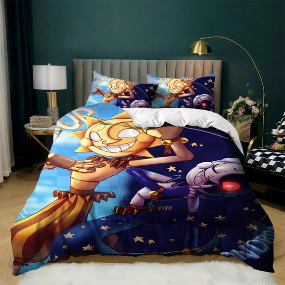 Fnaf Sundrop Duvet Cover Set 3 Pieces Moondrop Sundrop Bedding Set Soft Breathable Quilt Cover with Zipper Closure