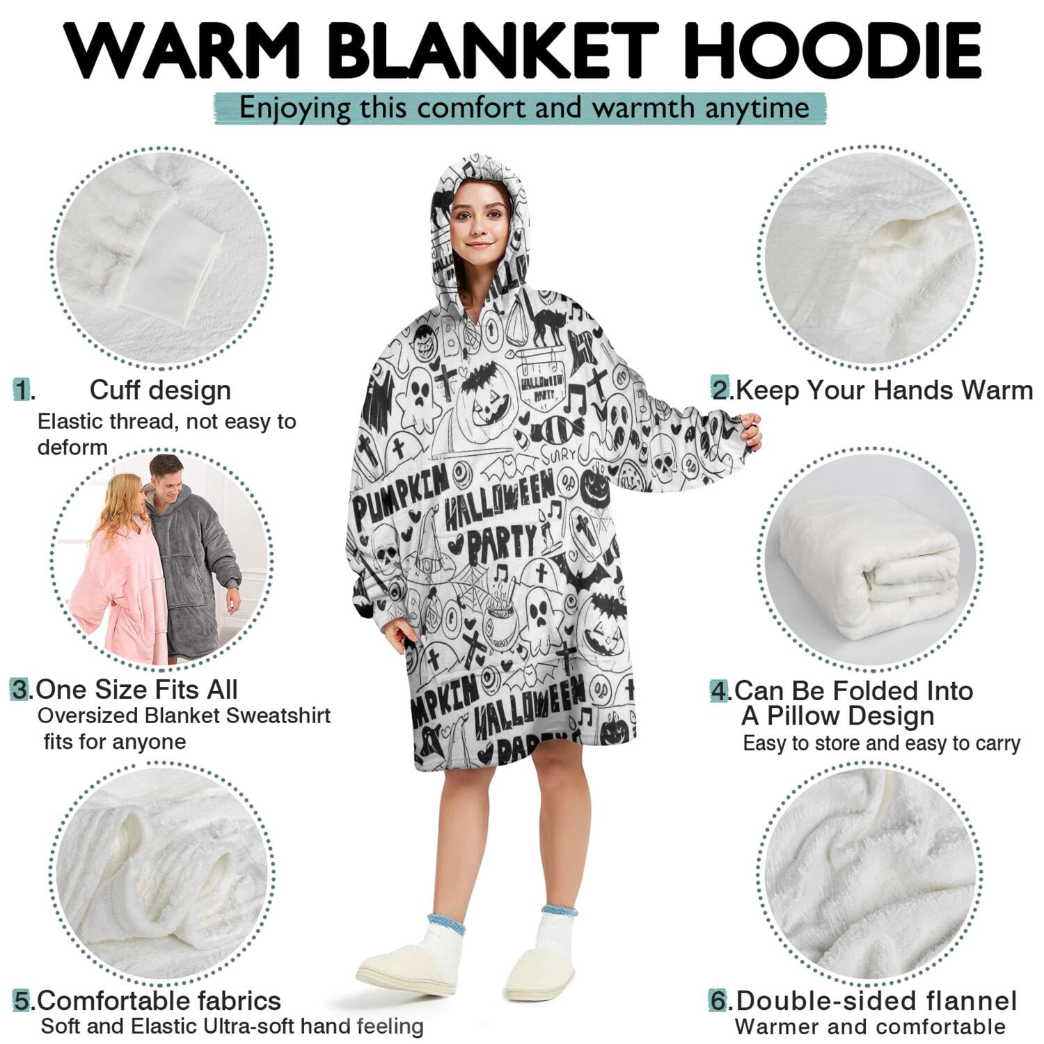 Wearable Oversized Blanket,Halloween Doodle Halloween Elements Wearable Blanket Hoodie for Adults,Cozy Hooded Blankets with Super Pockets,Super Warm Fuzzy Pullover for Women & Men