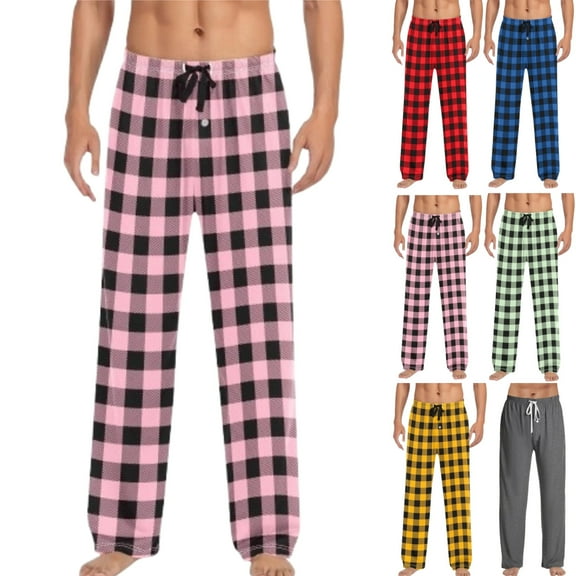 DENGDENG Mens Soft Pajama Pants Christmas Plaid Fall Drawstring Pj Pants Loungewear Sleep Warm Pants Elastic Waist Wide Leg Lightweight Pajama Bottoms Pink XXL
