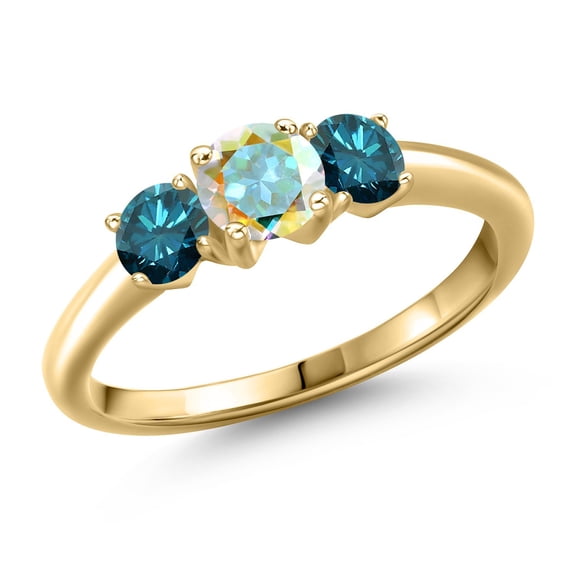 Gem Stone King 10K Yellow Gold Mercury Mist Mystic Topaz and Blue Diamond Engagement Ring for Women | 1.09 Cttw | Round 5MM | Gemstone November Birthstone | Size 7