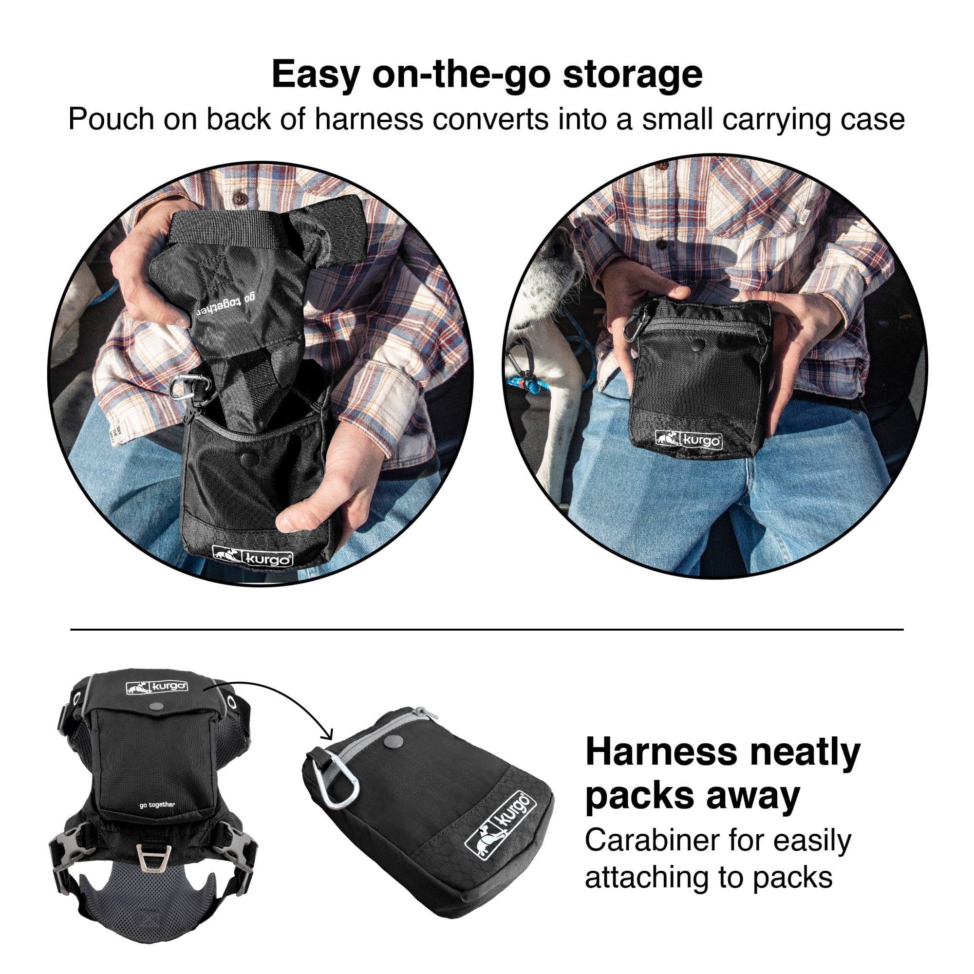 Kurgo Stash n’ Dash Dog Harness, Folds into a Pouch, for Running, Hiking, Reflective, Black, Medium