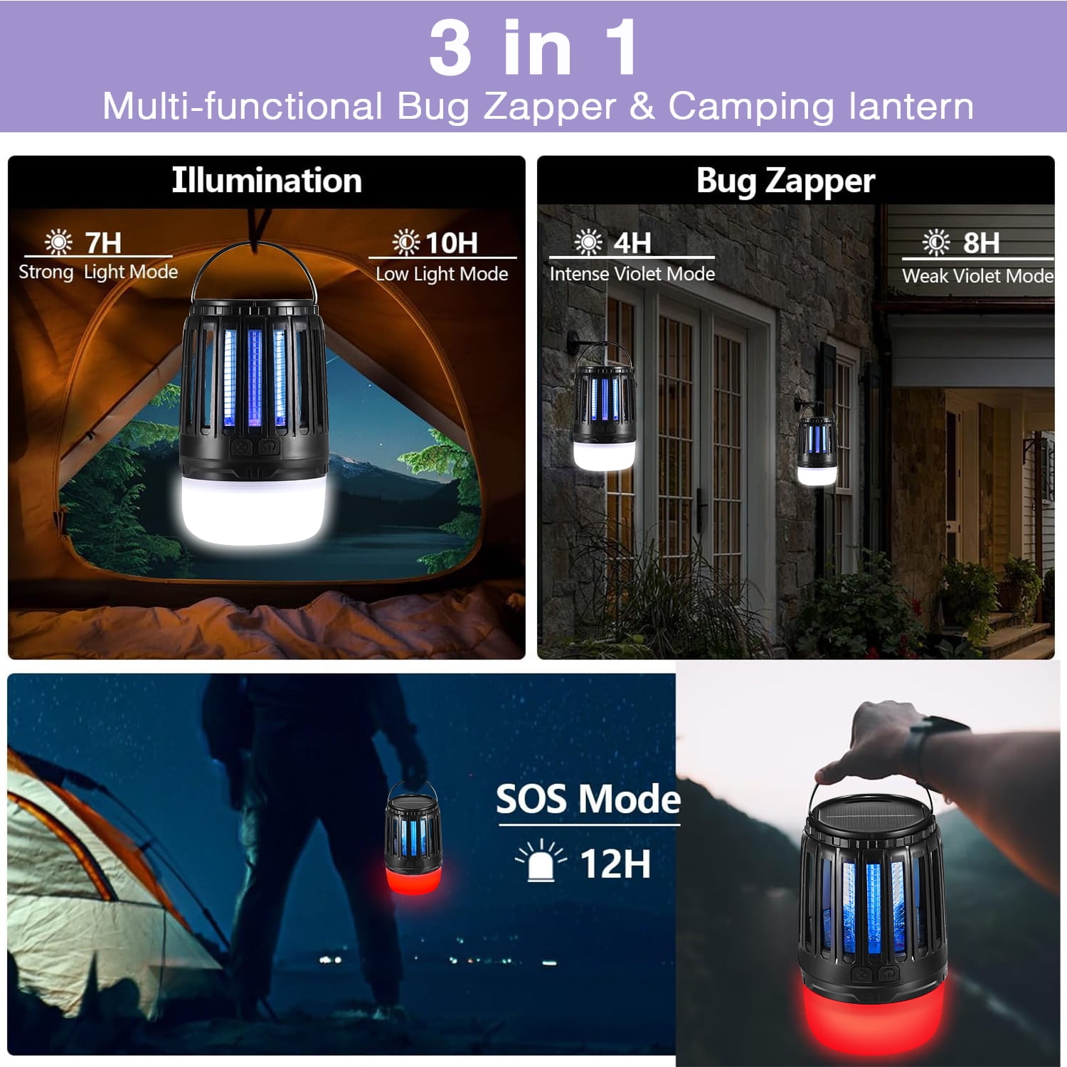 Zacro Solar Bug Zapper, Waterproof Mosquito Killer Lamp for Outdoor & Indoor,Electric Fly Trap Zapper Insect Killer for Camping, Patio, Home