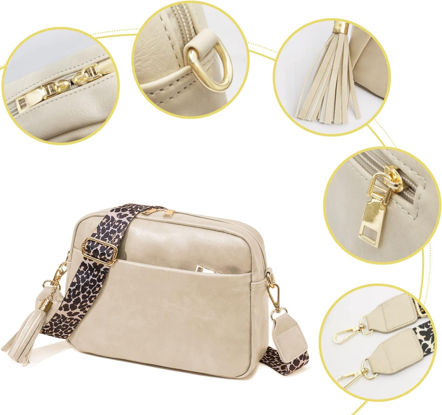 Crossbody Bag for Women Vegan Leather Shoulder Purse with Leopard Adjustable Strap Midsize Zipped Handbag