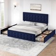 thumbnail image 3 of King Size Velvet Bed Frame with 4 Storage Drawers & Adjustable Headboard, Button Tufted Upholstered Platform Bed with Wooden Slats Support, Noise-Free, No Box Spring Needed, 3 of 9