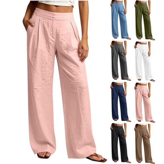 Linen Pants for Women Ihhxva Relaxed Fit Elastic Waist Solid Color Fashion Adjustable with Pockets Beach Work Outdoor Trousers S-2XL