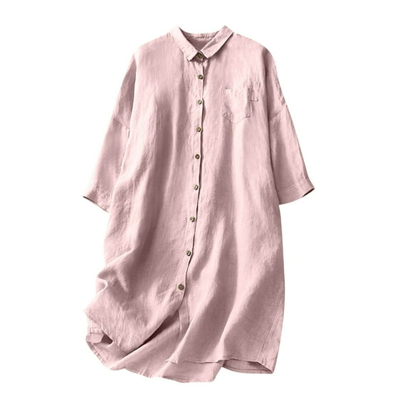 UAMVSH Womens Button down Shirts Cotton Linen Full Sleeve Long Blouse Baggy Casual Cover up Tops Loose Lapel Beach Vacation Tees(X-Large,Pink)