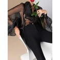 thumbnail image 6 of KelaJuan Women's Mesh Sheer Bodysuit Solid Color Long Puff Sleeve Lapel Ruffled Leotard Tops Shirt, 6 of 6