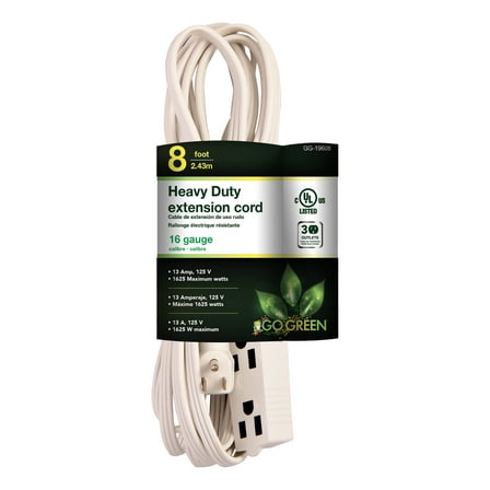 GoGreen Power (GG-19608) 16/3 8’ 3 Outlet Extension Cord, White, 8 Ft Cord