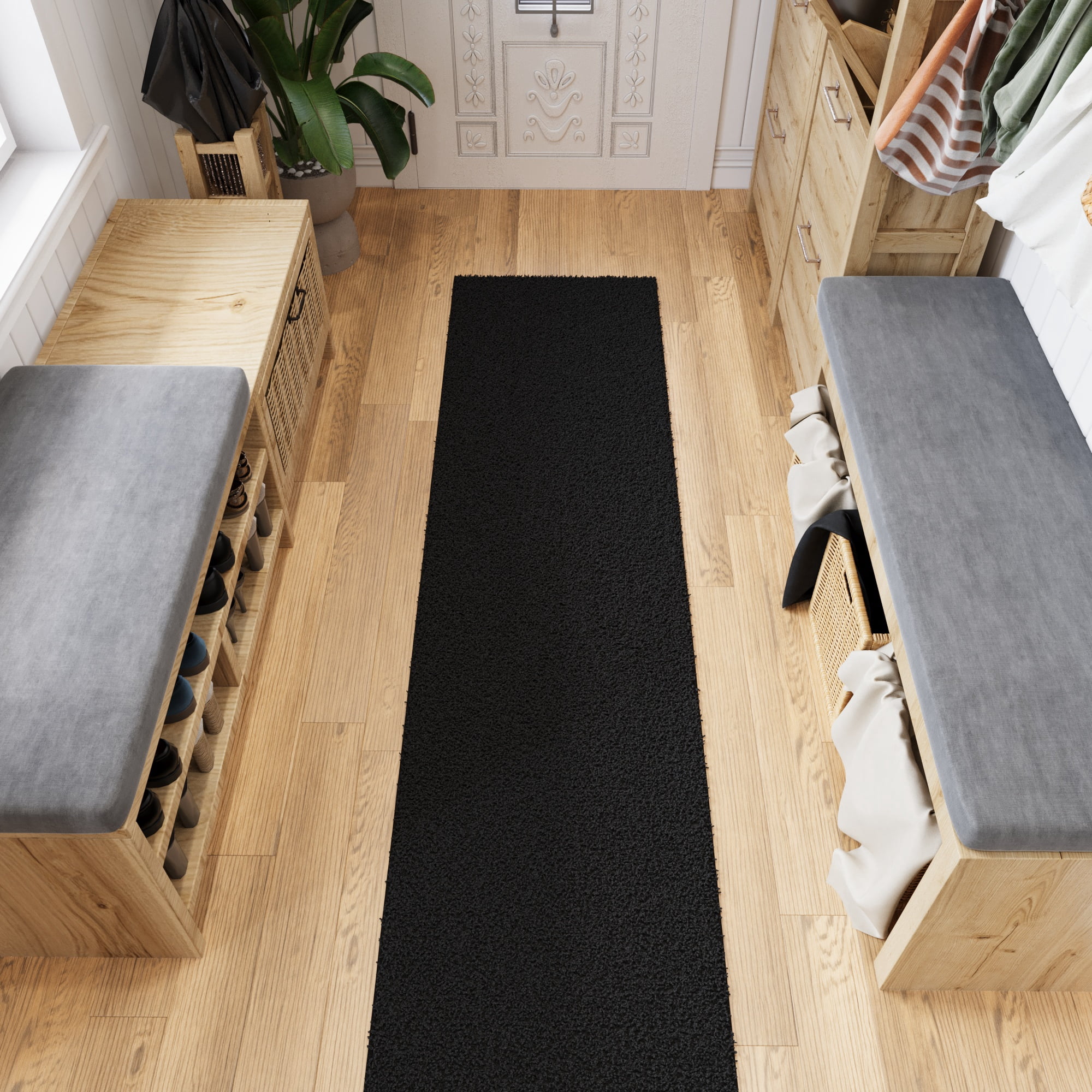 Ottomanson 2x7 Non-Slip Shag Runner Rug Plush Carpet for Bedrooms & Hallways, 2' x 7', Black