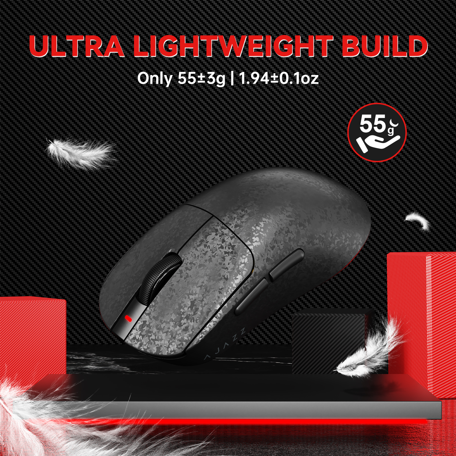 Ajazz Ultra-Lightweight 55g Wireless Gaming Mouse 24000 DPI PAW3311 Sensor Carbon Fiber Shell TTC 60M Clicks Switches 500mAh Battery 1K Polling Rate Durable & Anti-Slip Design Black