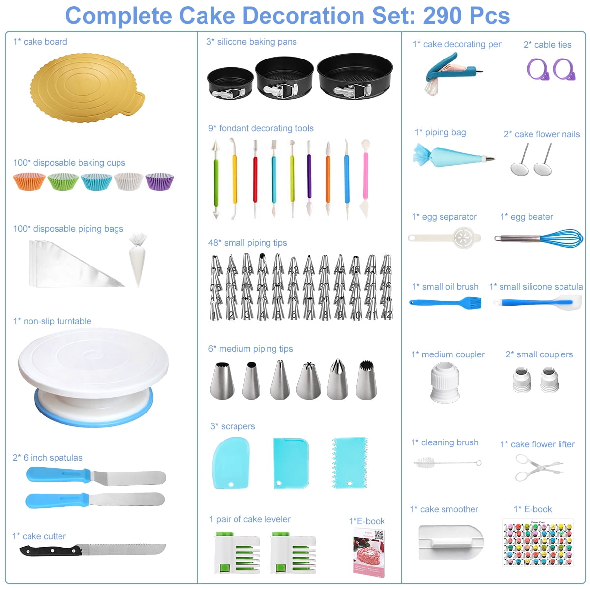 Amazon.com: 300 PCS Cake Decorating Kit, Cake Decoration Supplies, Baking  Accessories Tools Set, Cake Turntable Stand Frosting Piping Bags Icing Tips  Nozzles Spatulas Smoothers Cookie Cutters Cupcake Muffin Cups : Home &