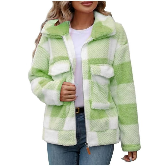 Womens Jackets Fall Plaid Fleece Sherpa Zipper Lapel Coat With Pocket Color Block Warm Winter Outfits