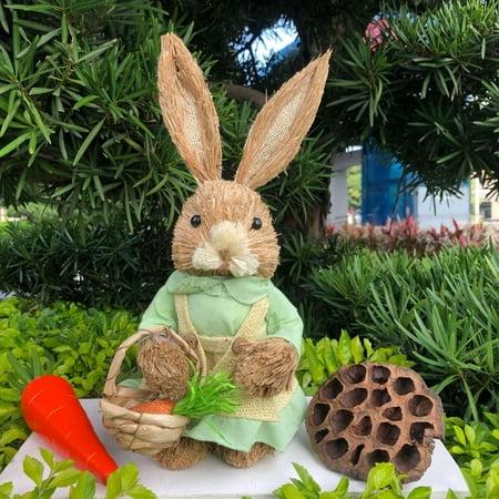 14 in Freestanding Straw Bunny Easter decoration Easter Basket Grass Filler Spring Garden decor Natural Woven Construction Green decorations Mantel Display 1 Pc