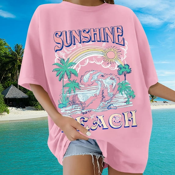 Women's Beach Tops Summer Hawaii Graphic Tees Oversized Short Sleeve Casual Lightweight Breathable Soft Vacation T-shirt