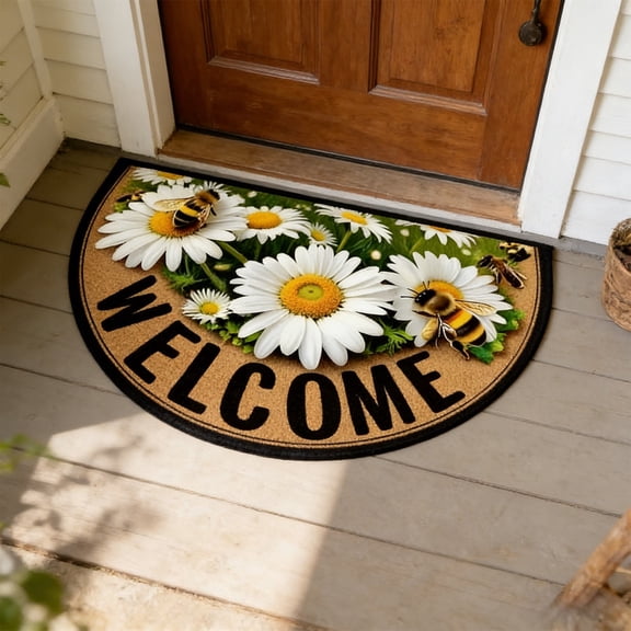 19.7" x 31.5" Semicircle Welcome Door Mat, Spring Daisy Half Round Entrance Rug, Non-Slip Rubber Backing Floor Mat for Front Door, Indoor Outdoor Decorative Porch Carpet, Washable, 1-Piece