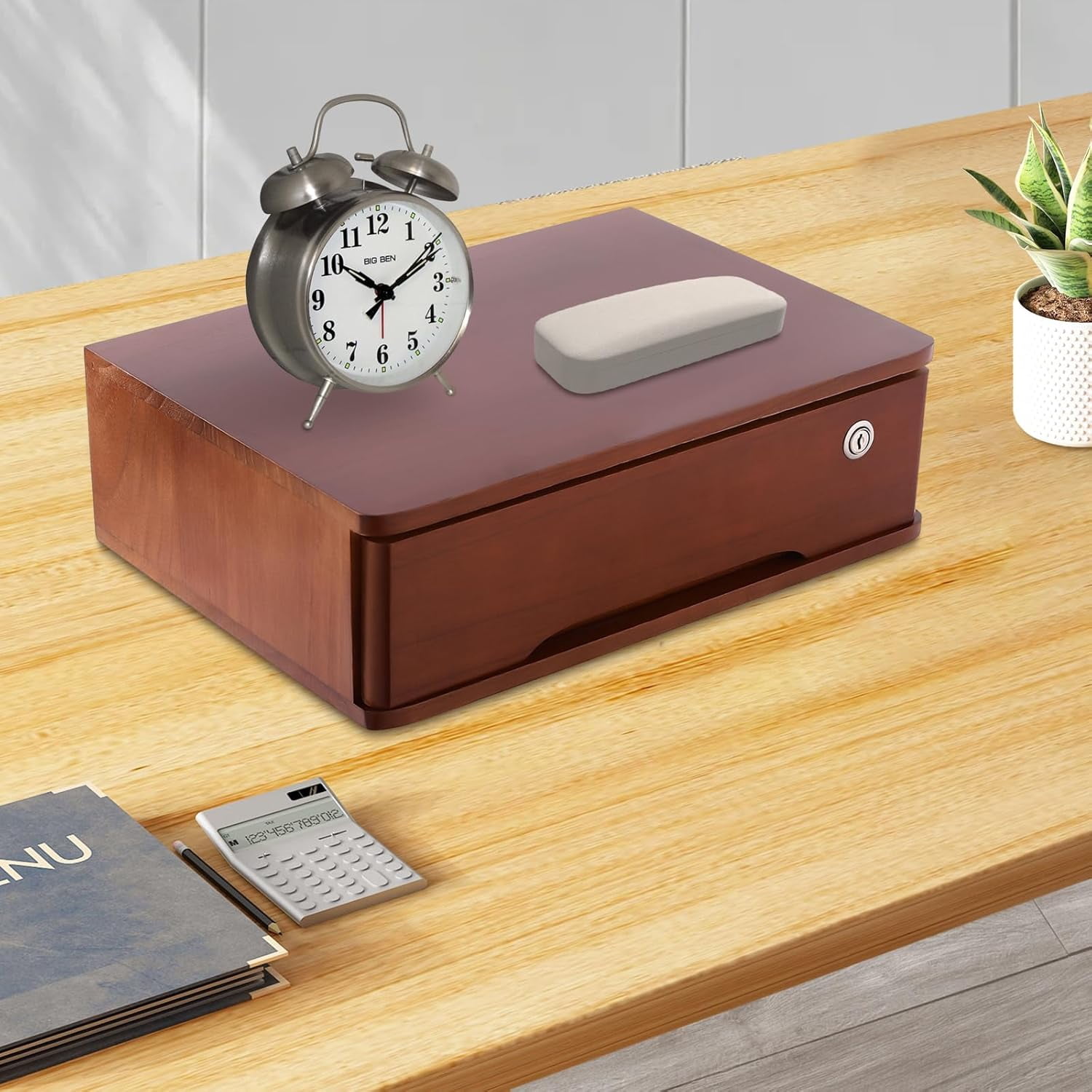 Miumaeov Wooden Desktop Storage Box with Lockable Drawers Office Supplies Drawer Organizer Receipt File Organizer Flat File Cabinet