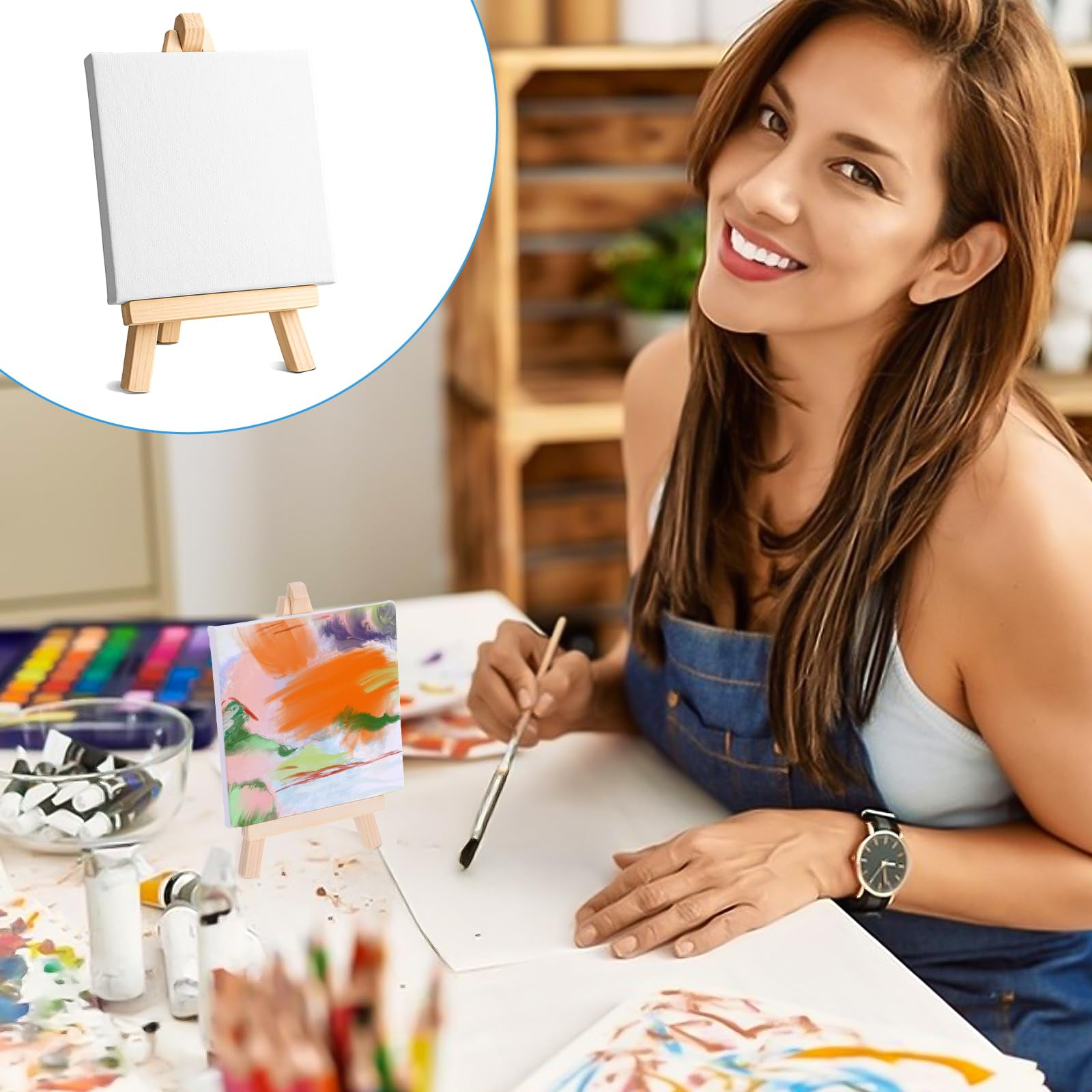 24 Pack Small Painting Canvas with Mini Easel, 4 x 4 Inch Mini Canvases with Easel Sets Art Canvases Painting Kit with Wood Display Easels for Adults & Kids Party Classroom Crafts