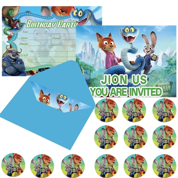 Set of 36pcs Cartoon Themed Happy Birthday  12pcs  Invitation Cards &   12pcs Envelopes& 12 circular stickers- Lightweight , Postcard Style Invites for the Perfect Party Pack