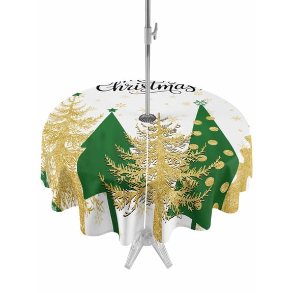 Outdoor Tablecloth with Umbrella Hole and Zipper, Christmas Tree Round Table Cloth 60 Inch Waterproof Tablecloth, Xmas Snowflake Winter Green Pine Tree Vintage Picnic Table Cover for Patio Camping