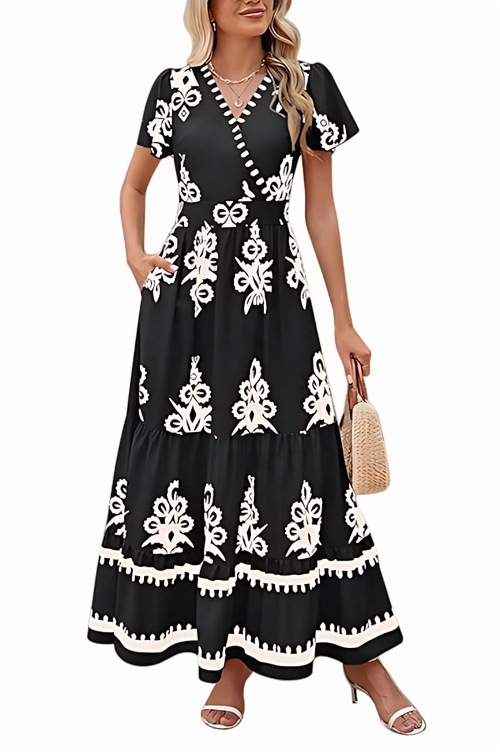 Womens 2025 Summer Casual V Neck Boho Maxi Dress Flowy Aline Bell Sleeve Tiered Floral Dresses with Pocket