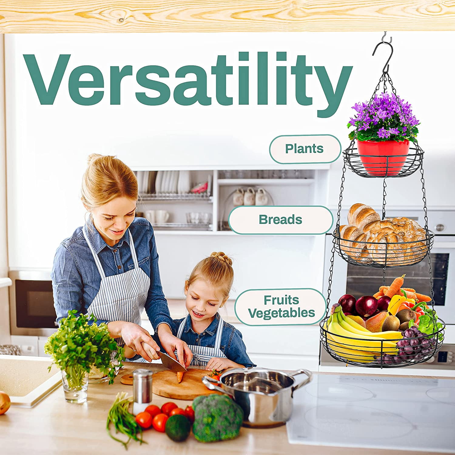 Heavy Duty 3-Tier Hanging Fruit and Vegetable Basket with 2 Metal Ceiling Hooks, Chrome