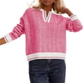 thumbnail image 3 of Long Sleeve Women Color Block Lapel V-neck Knit Sweater Pullovers, 3 of 6