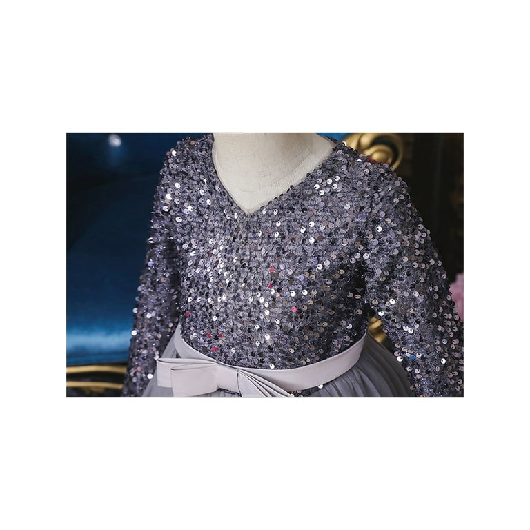 Kids Girls Shiny Sequin Dress Long Sleeve O Neck Tulle Ruffle