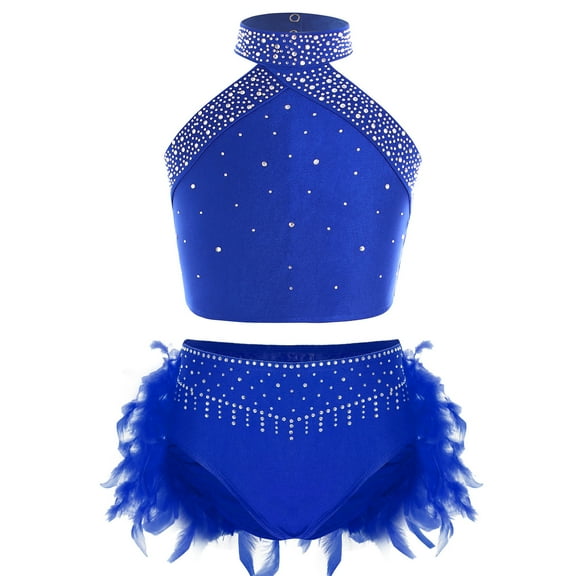 YiZYiF Kids Girls 2 Piece Lyrical Ballet Dance Outfit Sleeveless Shiny Rhinestones Crop Top and Blue 16