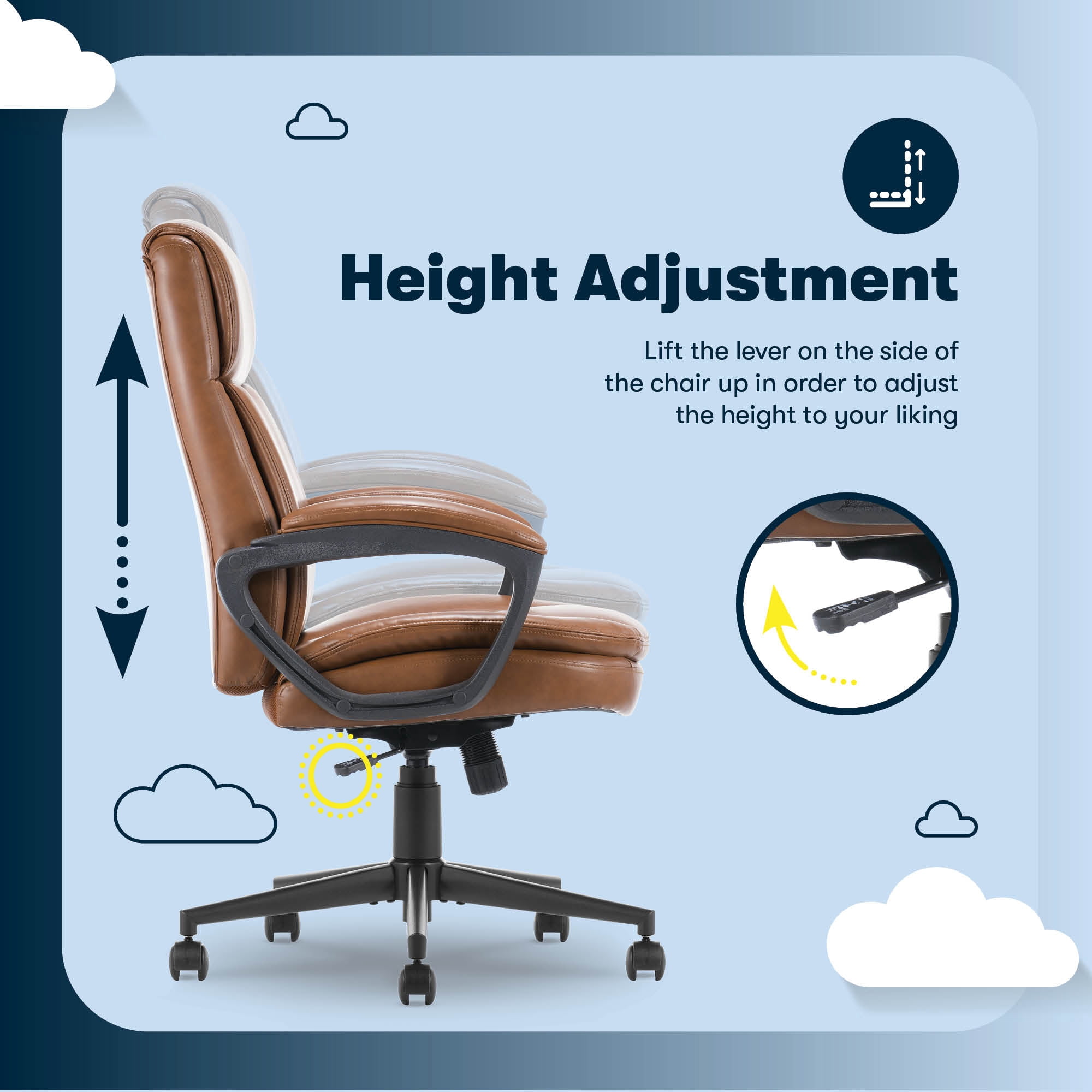 Serta Comfort Ergo Executive Office Chair, Ergonomic Mid-Back Design with Lumbar Support, Bonded Leather, Cognac