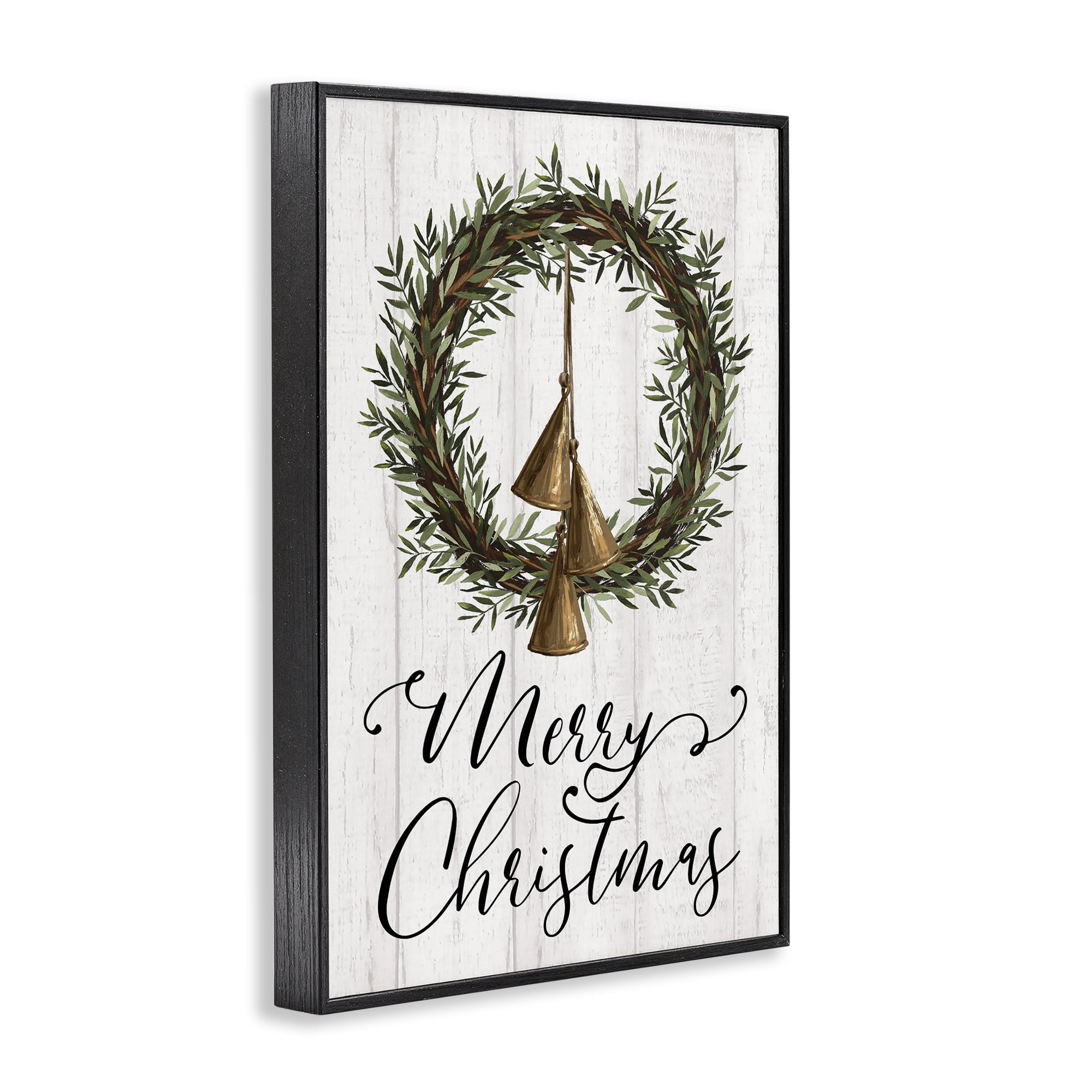 Stupell Industries Christmas Wreath & Bells Holiday Painting Black Framed Art Prints Wall Art, 12 x 18