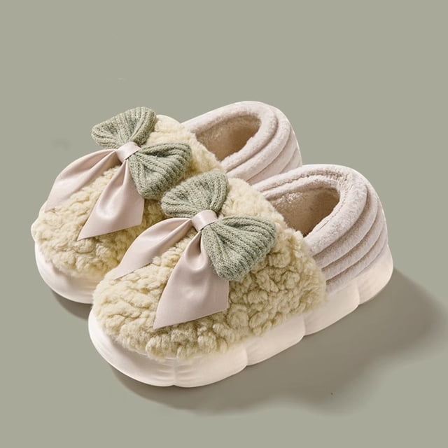 Xucatan Women's Plush Fuzzy Slippers with Bow, Non-Slip Indoor Outdoor House Shoes, Warm Cozy Winter Slippers for Women with Closed Back Gift