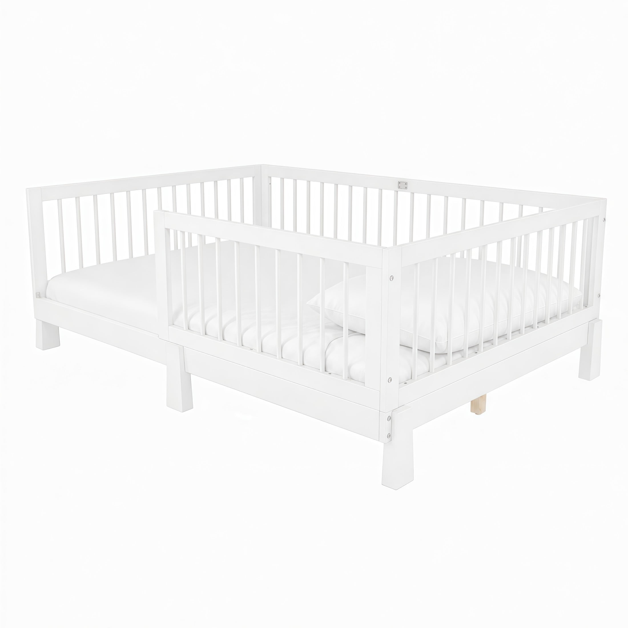 GDF Studio Rolley Full-Size 3-in-1 Convertible Montessori Floor Bed with Guardrails, Pine Wood Kids Bed Frame, White