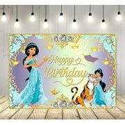 Blue Princess Jasmine CORNET Backdrop for Birthday Party Supplies 5x3ft Aladdin Theme Baby Shower Banner for Birthday Party Cake Table Decoration