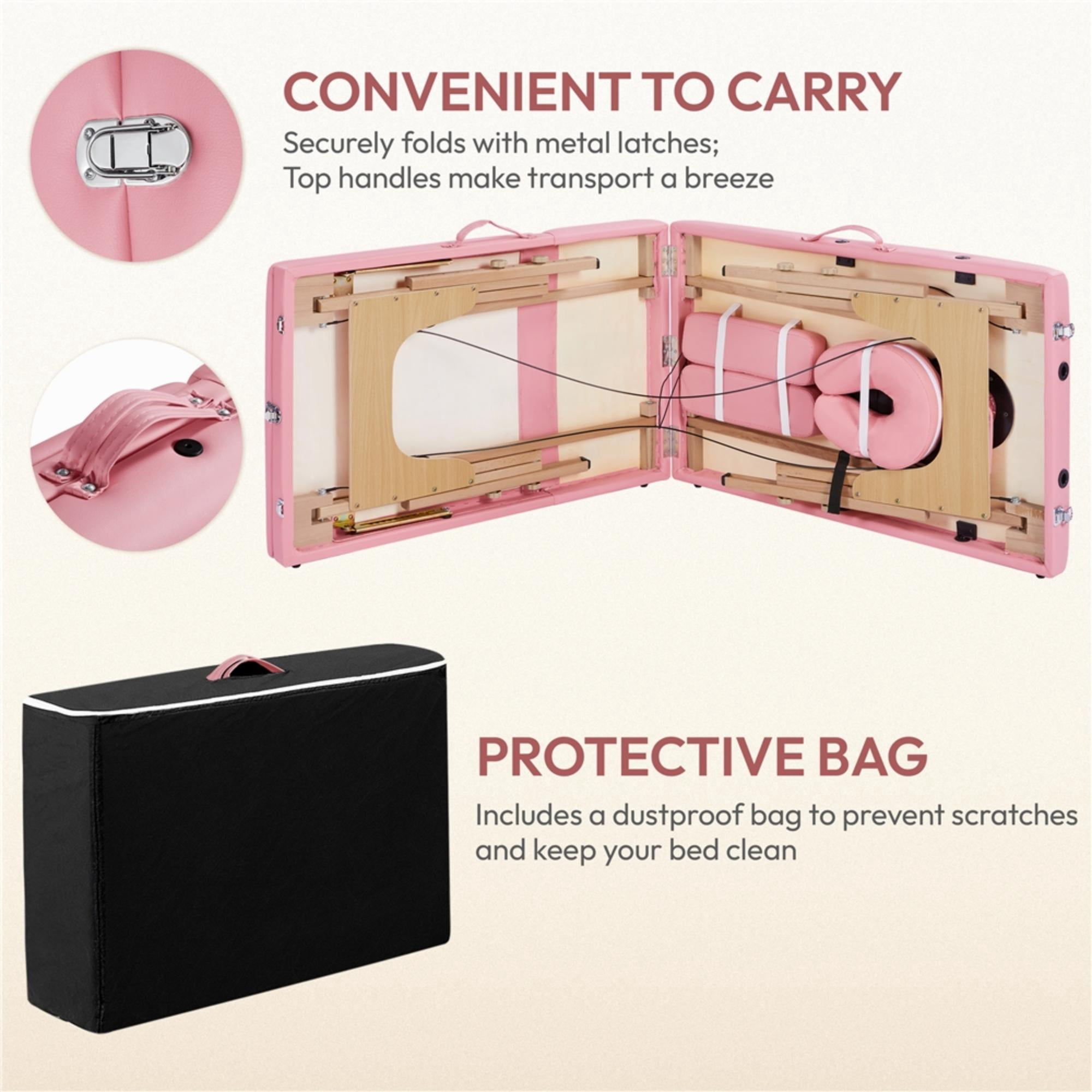 Alden Design 3 Section Portable Wooden Massage Table for Spa Treatments, Pink