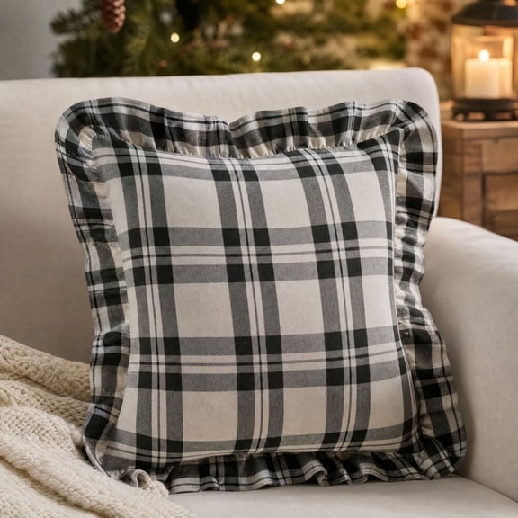 Kuokaa Black White Plaid Ruffle Christmas Throw Pillow with Insert, Decorative Checkered Cushion for Sofa Couch Chair Bed Farmhouse Holiday Home Decor, 17.72 x 17.72 in