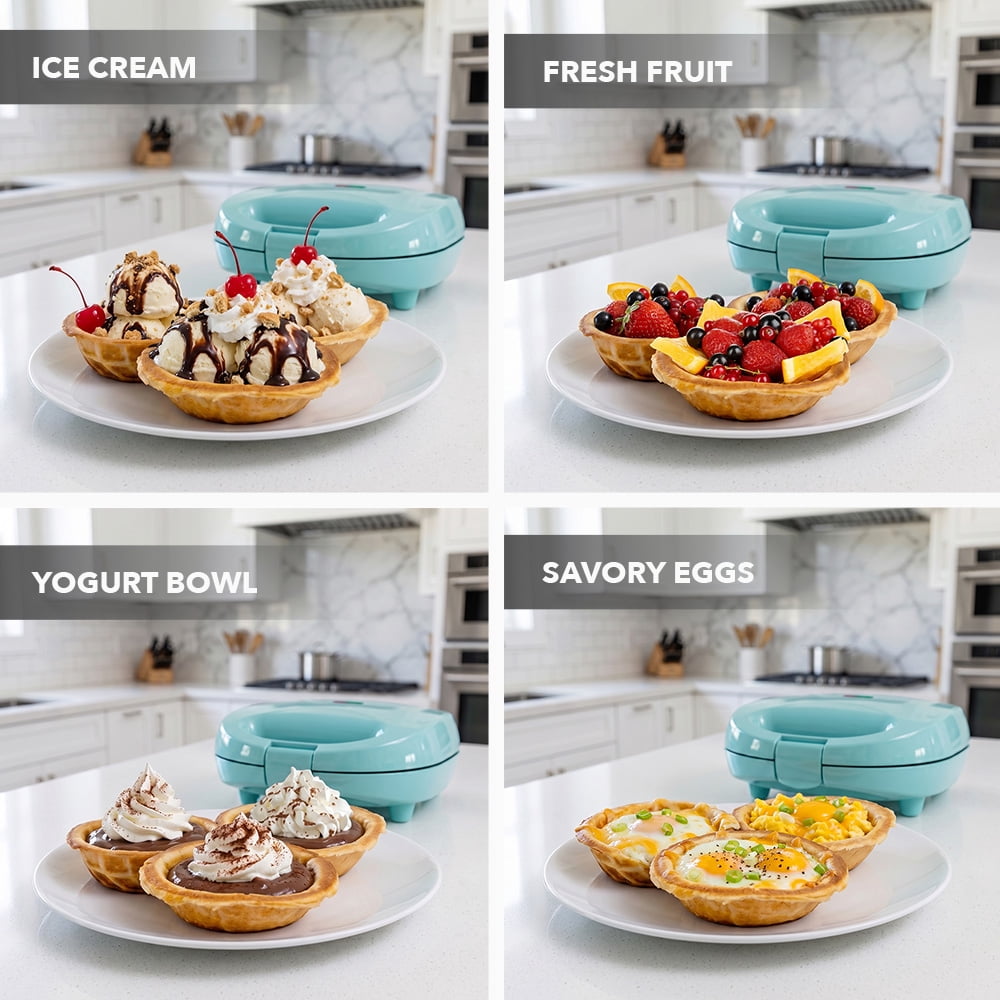 OVENTE Electric Waffle Bowl Maker, 520W Power, Turquoise WMB2405BL | Non-Stick Coating, Indicator Light and Cool Touch Handle, Perfect for Homemade Ice Cream Cups & Delicious Desserts