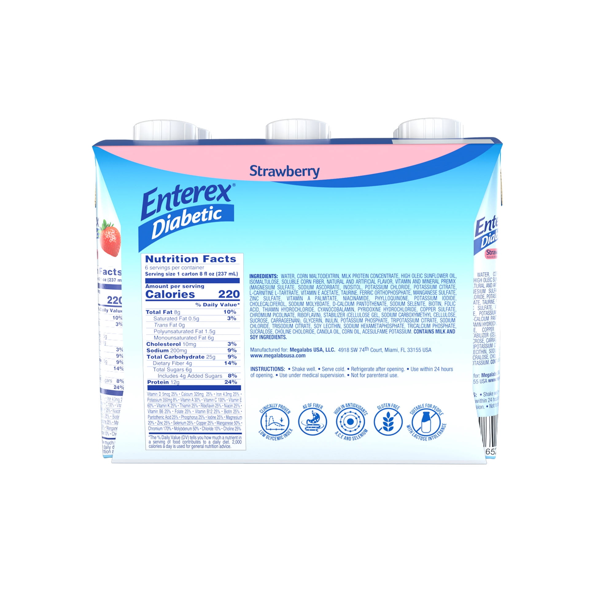 Enterex Diabetic Nutritional Meal Replacement Shake,for People with Diabetes,Strawberry , 8 Fl oz Carton, 6 Pack