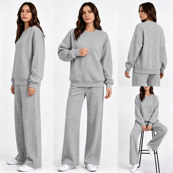 Stralyhd Women Long Sleeve Sweatshirts Set No Hooded Crew Neck Tracksuit Fall Comfort Sweatsuits Fashion 2 Pieces Set Gray L