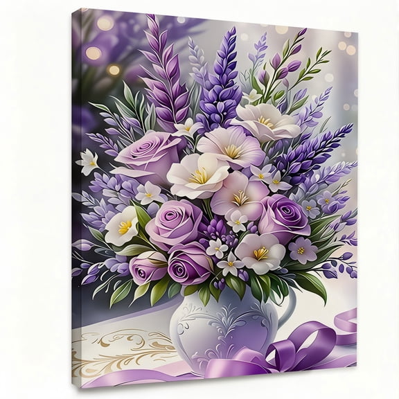 Purple Floral Bouquet Canvas Wall Art Framed Print – Elegant Lavender Rose and Hydrangea Arrangement for Living Room Bedroom Decor