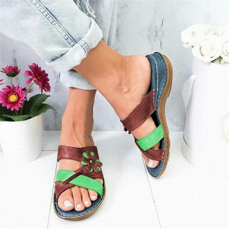 

Binmer New Casual Slippers Women s Flower Wedge Heel Flat Color Matching Stitched Slippers