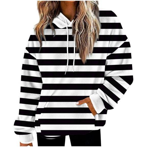 MELDVDIB Womens Striped Hoodies Fleece Lined Warm Pullover Hooded Sweatshirt with Front Pocket for Winter Cold Weather Outdoor Activities Wear Black S