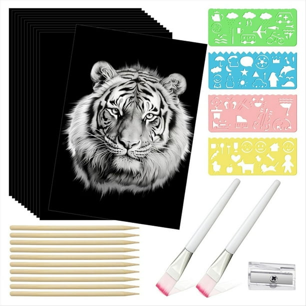 Juego de 67 Piezas de Papel para Rascar, Kits de Manualidades para Niños y Adultos, 50 Hojas de Papel para Rascar con Revestimiento Negro A4 de 8,5 X 11,0 Pulgadas