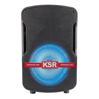 bafle ksr/mitsu msa-7908nd8 pulgadas profesional 500w MSA-7908ND Kaiser, bafle negro de 8" con rejilla perforada y woofer iluminado en azul con logo KSR rojo al frente; panel con entradas USB y micrófono, Bluetooth con alcance hasta 10 m, incluye trípode y control remoto; también suele usarse para karaoke portátil.