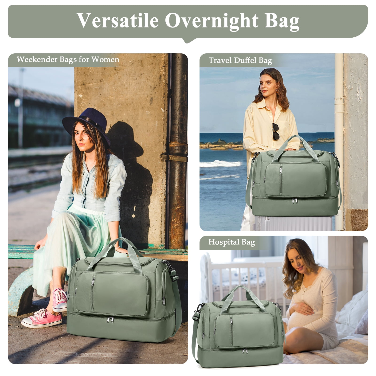 SYCNB Large Weekend Bag for Women, Best Weekender Travel Bag with Shoes Compartment & Toiletry Bag, Duffel Tote Bag for Gym Travel Hospital, Carry-On Overnight Bag, Olive Green