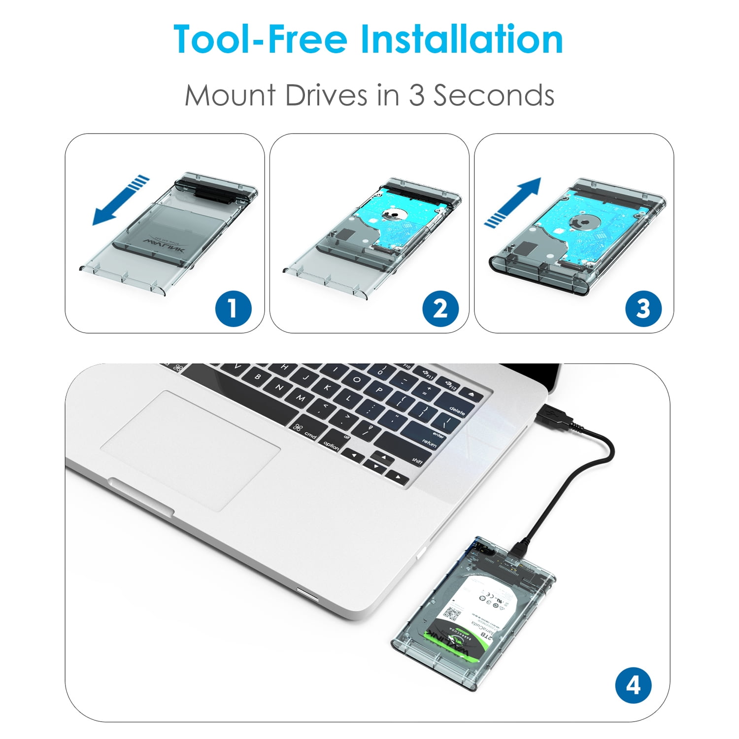 USB 3.0 to SATA External Hard Drive Enclosure for 2.5 inch 5mm/7mm/9.5mm SATA I/II/III HDD/SSD Support UASP Function, Max 4TB Tool-Free Design