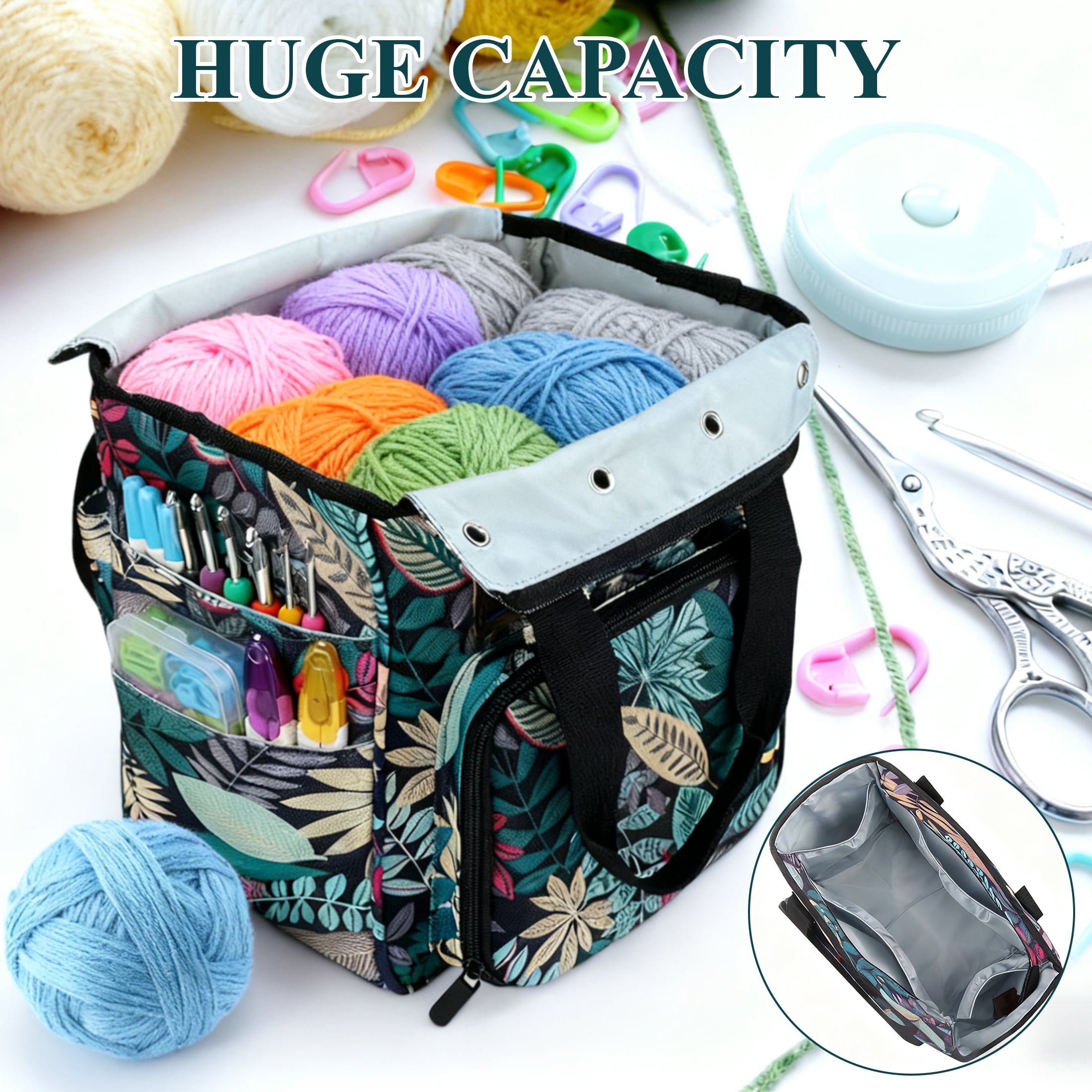 Fabulas Crochet Bag, Yarn Storage Organizer Knitting and Crochet Tote Bag, Portable Yarn Holder for Crocheting Projects, Yarn Bag for Crochet Accessories, Crochet Hooks, Yarn Balls, Blue