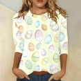 thumbnail image 2 of Women's Easter Print Round Neck Casual Loose Versatile 3/4 Sleeve T-Shirt Beige L, 2 of 5