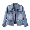 thumbnail image 3 of ThriftyPlait Women Vintage Washed Jean Jacket Casual Fray Hem Distressed Lapel Denim Coat Button Up Slim Fit Daily Short Outer Top, 3 of 9