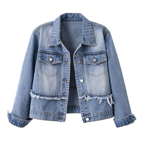 JOANKDMI Jean Jacket for Women Trendy Denim Button Down Collared Distressed Long Sleeve Jean Coat with Frayed Vintage Casual Shacket Outerwear for Fall Spring Everyday Wear